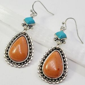 Boho Turquoise and Coral Silver Plated Drop Earrings